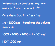 Volume can be confusing e.g. how many mm3 are there in 1 m3?
Consider a box 1m x 1m x 1m:
1m = 1000mm  therefore the volume in mm is:
1000 x 1000 x 1000 = 1 x 109 mm3
NOT 1000 mm3
