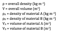 _ = overall density (kg m-3)
V = overall volume (m3)
_A = density of material A (kg m-3)
_B = density of material B (kg m-3)
VA = volume of material A (m3)
VB = volume of material B (m3)


